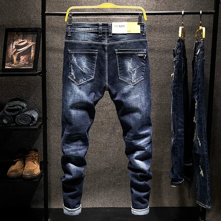 Men Ripped Worn-out Slim-fit Cotton Denim Pants
