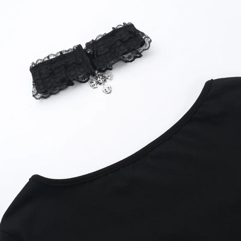 Goth Black Lace Trim Long Sleeve T-Shirts Vintage Sexy