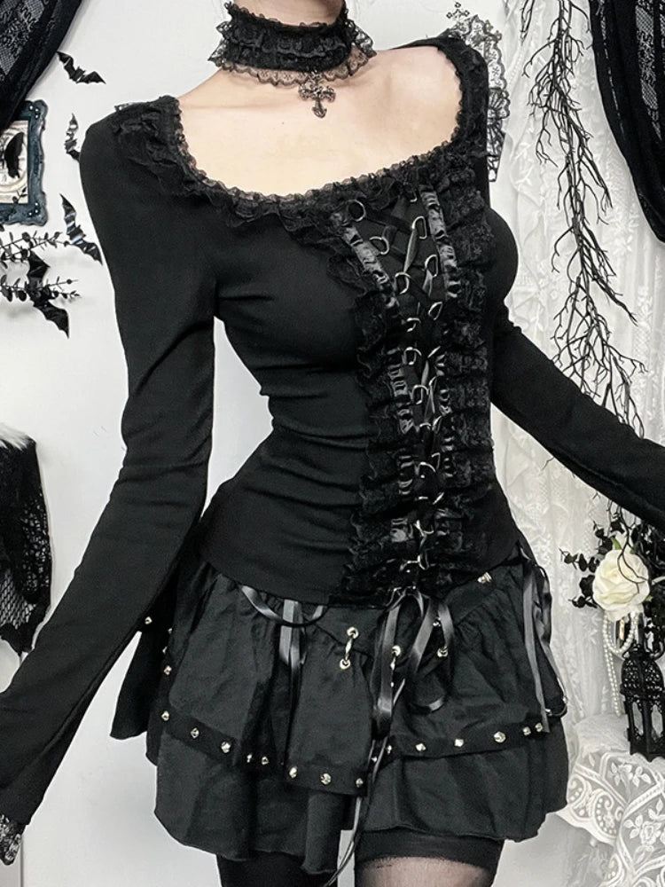 Goth Black Lace Trim Long Sleeve T-Shirts Vintage Sexy.