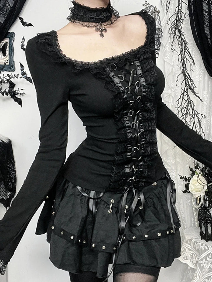 Goth Black Lace Trim Long Sleeve T-Shirts Vintage Sexy.