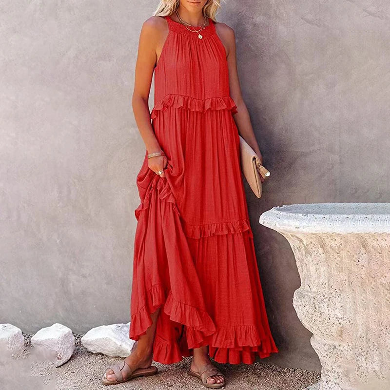 Women Casual Solid Ruffles Long Dress