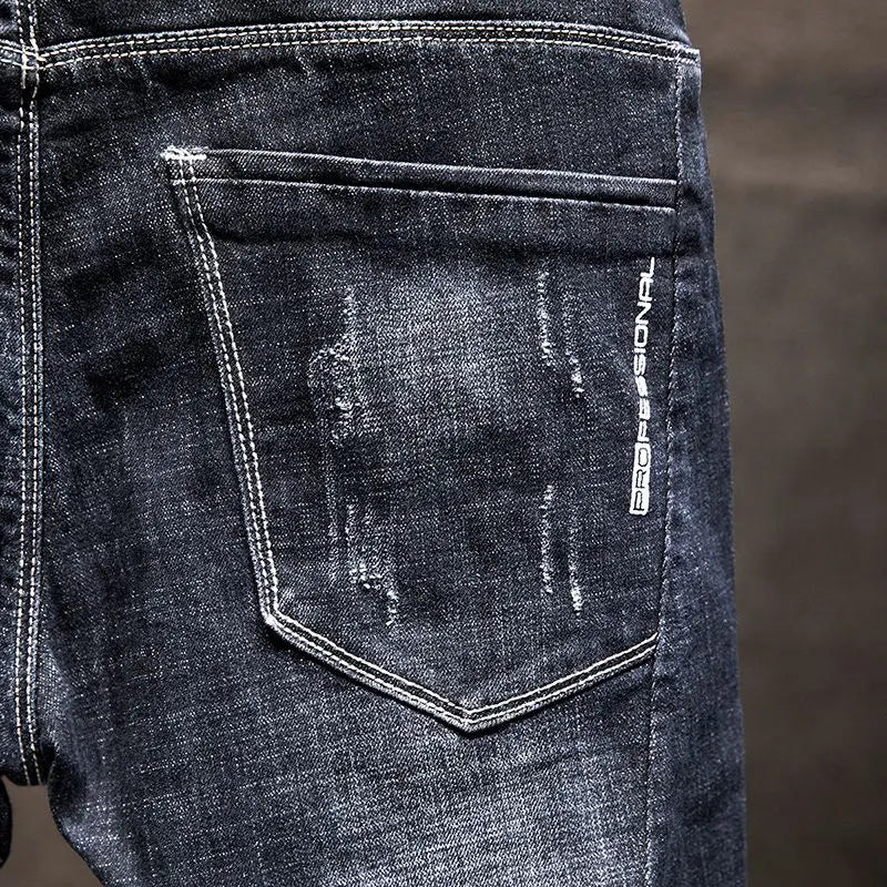 Men Ripped Worn-out Slim-fit Cotton Denim Pants