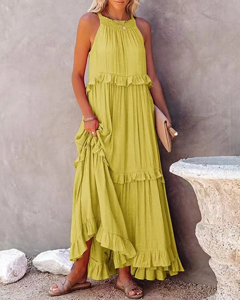 Women Casual Solid Ruffles Long Dress