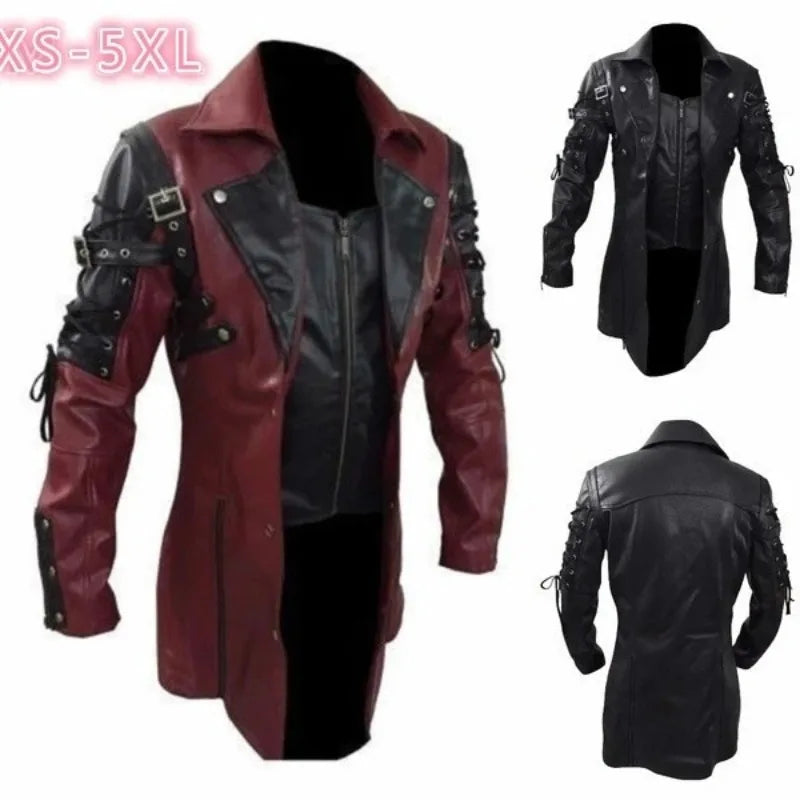 New Steampunk Men's Gothic Trench Coat Leather Jacket