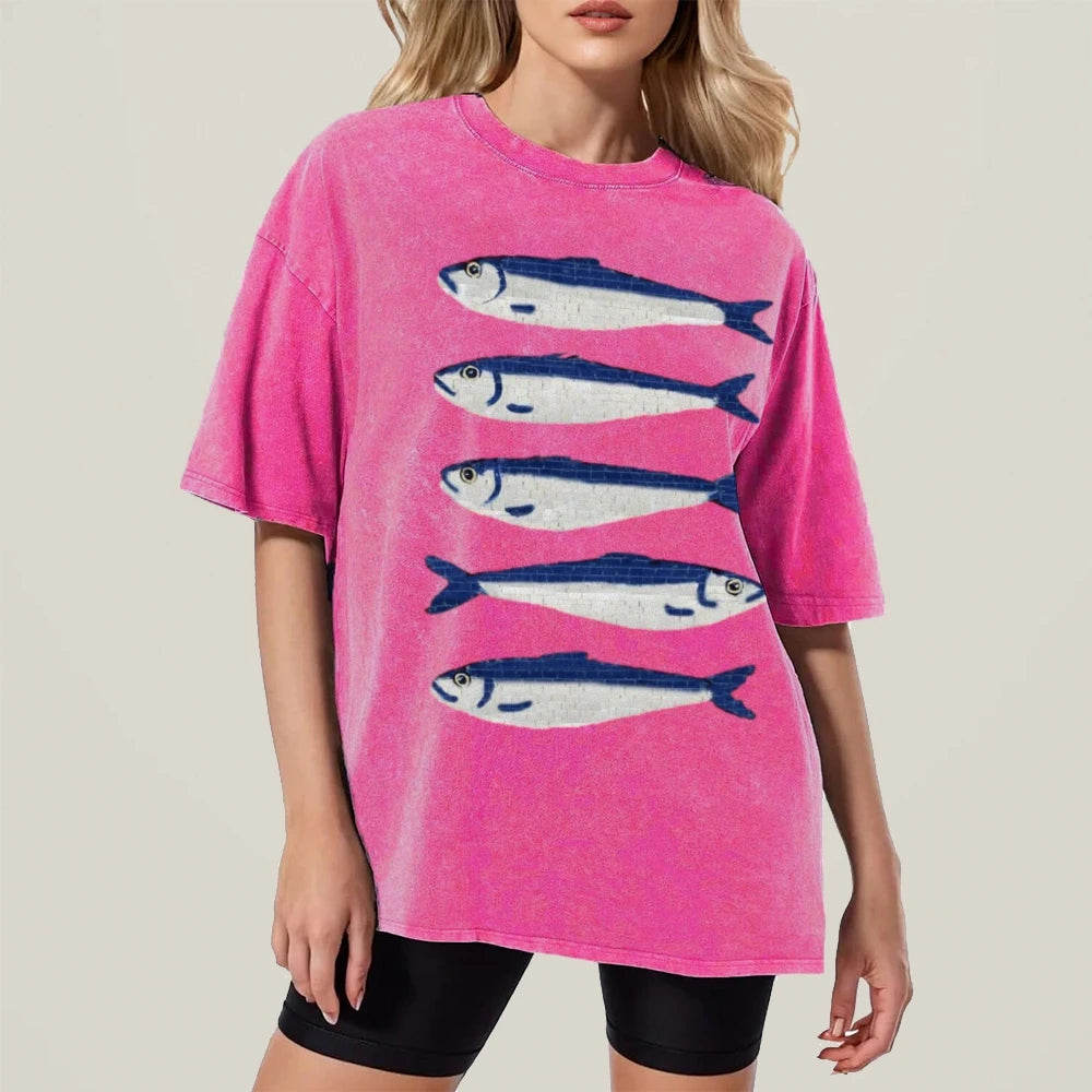 Gojo Cartoon Salted Fish Print Women's Loose T-Shirt Oversized.