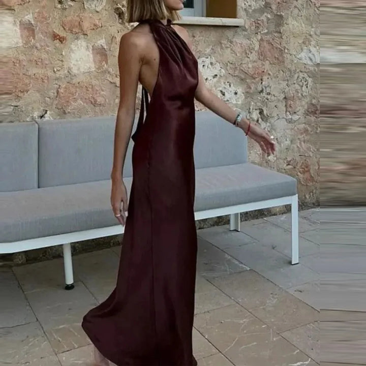 TRAF Halter Satin Long Dress Women.