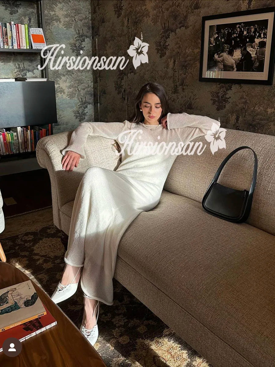 Hirsionsan Spring Autumn O-Neck Elastic Knit Long Dresses Women.