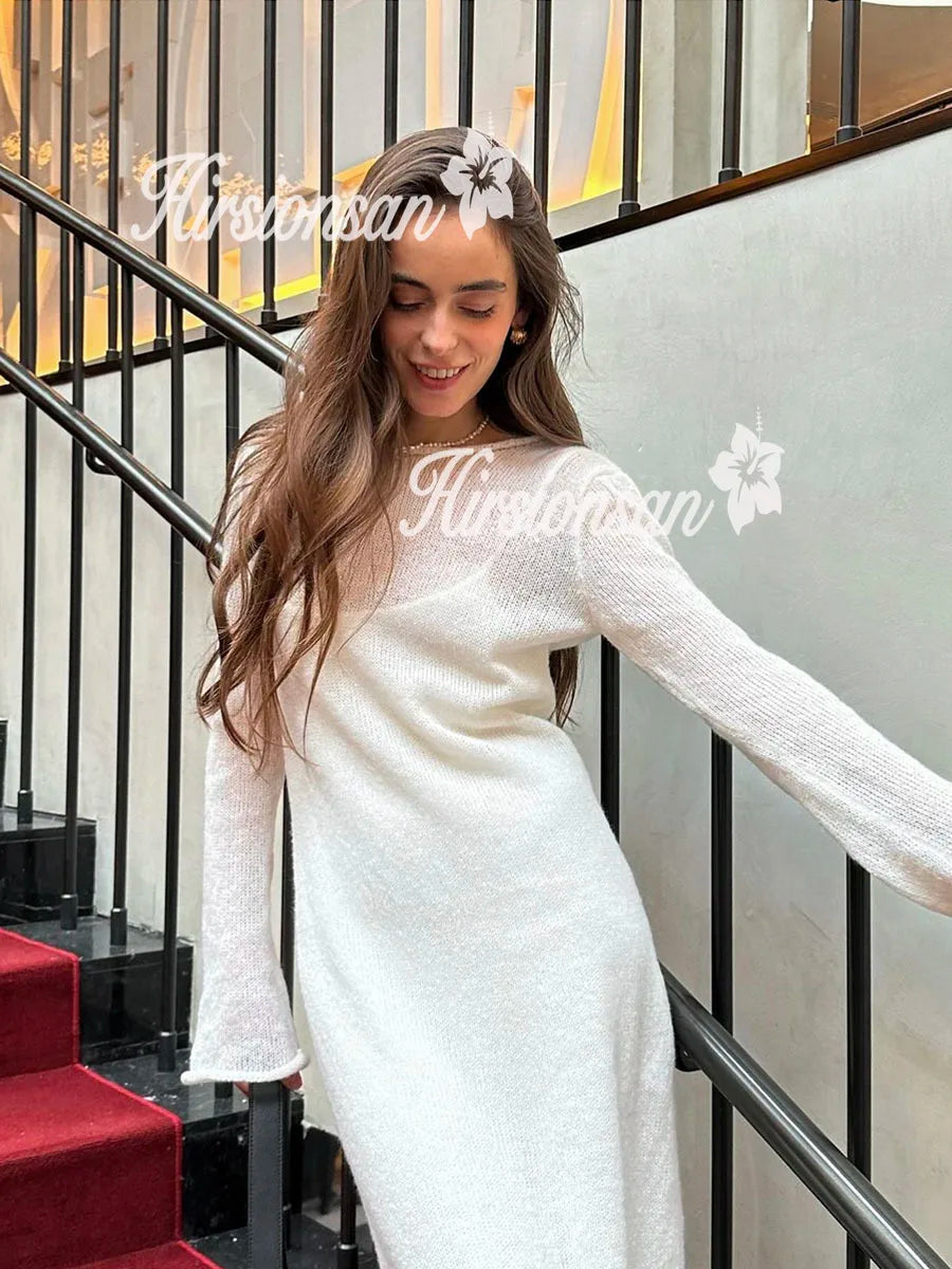 Hirsionsan Spring Autumn O-Neck Elastic Knit Long Dresses Women.