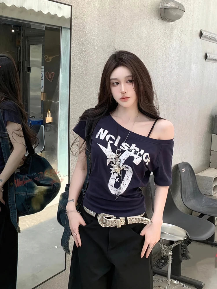 Y2k Sport Summer Off shoulder Top Women Sexy Vintage.