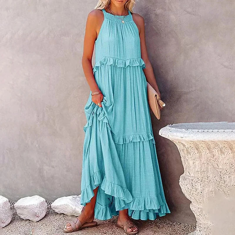 Women Casual Solid Ruffles Long Dress