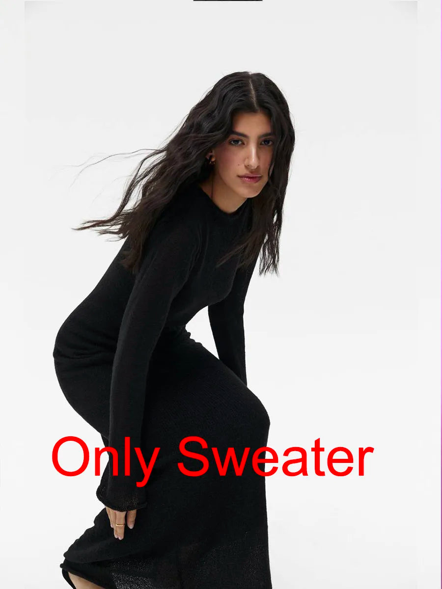 Hirsionsan Spring Autumn O-Neck Elastic Knit Long Dresses Women