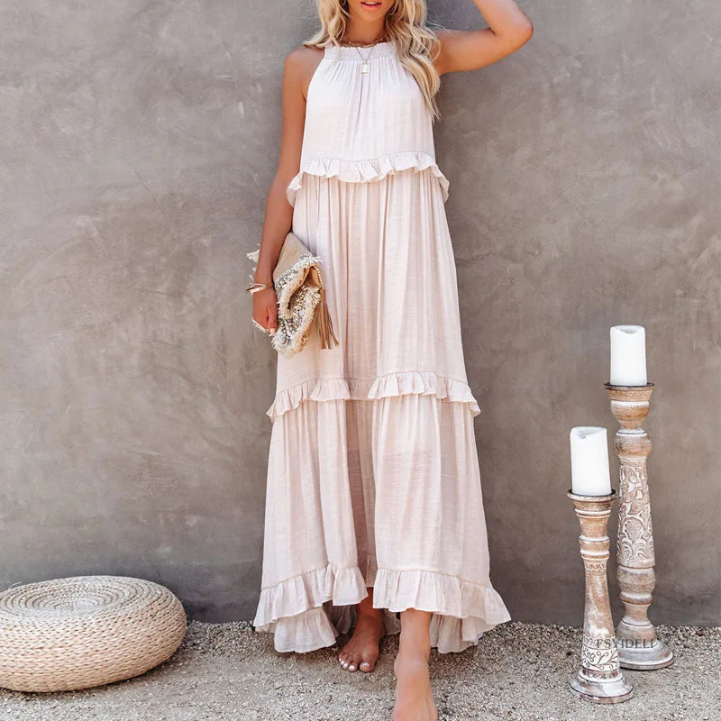 Women Casual Solid Ruffles Long Dress.