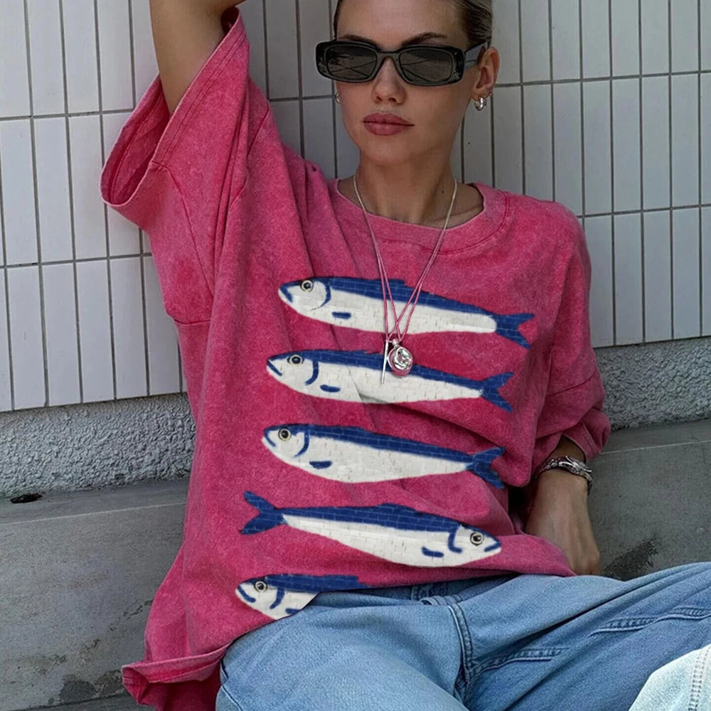 Gojo Cartoon Salted Fish Print Women's Loose T-Shirt Oversized.