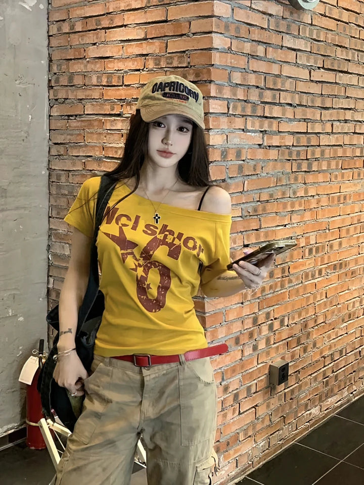 Y2k Sport Summer Off shoulder Top Women Sexy Vintage.