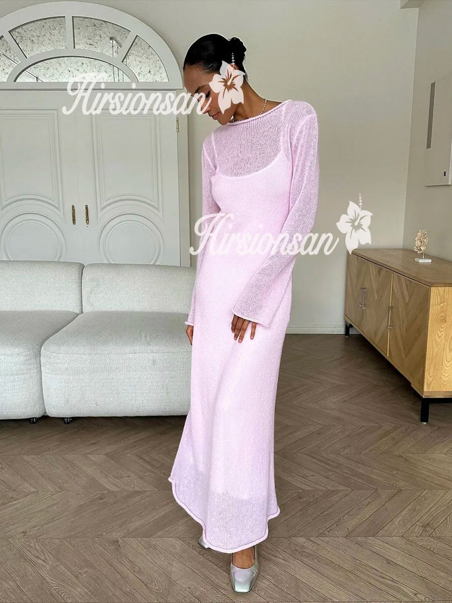 Hirsionsan Spring Autumn O-Neck Elastic Knit Long Dresses Women.