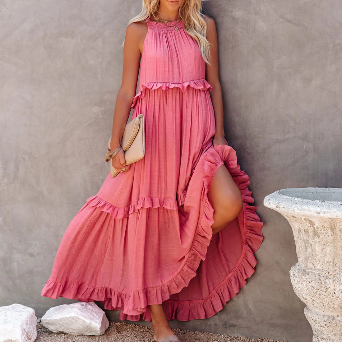 Women Casual Solid Ruffles Long Dress.