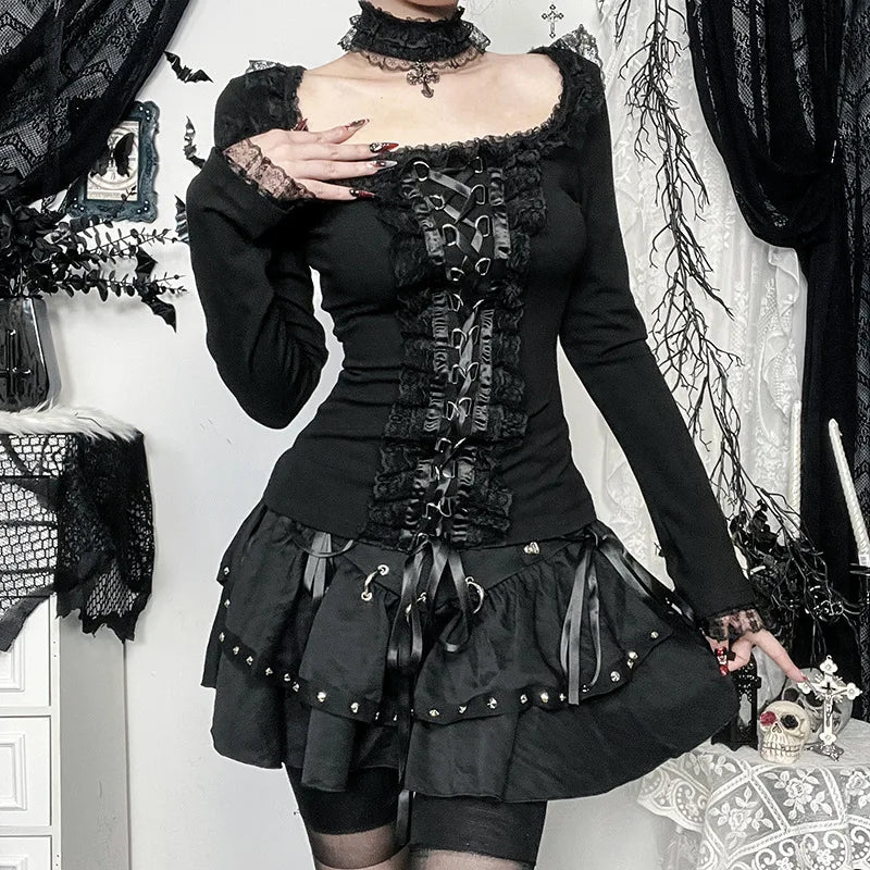 Goth Black Lace Trim Long Sleeve T-Shirts Vintage Sexy.