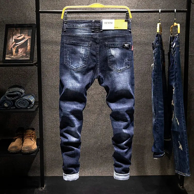Men Ripped Worn-out Slim-fit Cotton Denim Pants
