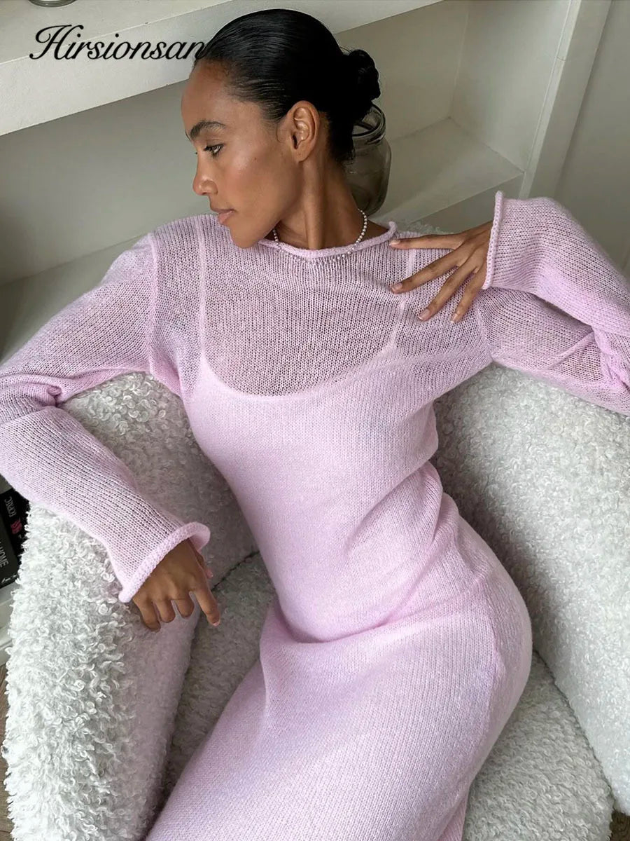 Hirsionsan Spring Autumn O-Neck Elastic Knit Long Dresses Women.