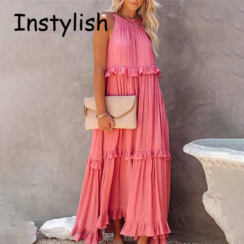 Women Casual Solid Ruffles Long Dress.