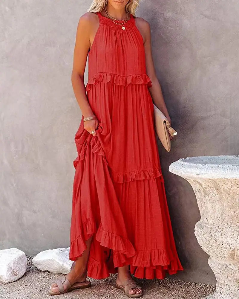 Women Casual Solid Ruffles Long Dress.