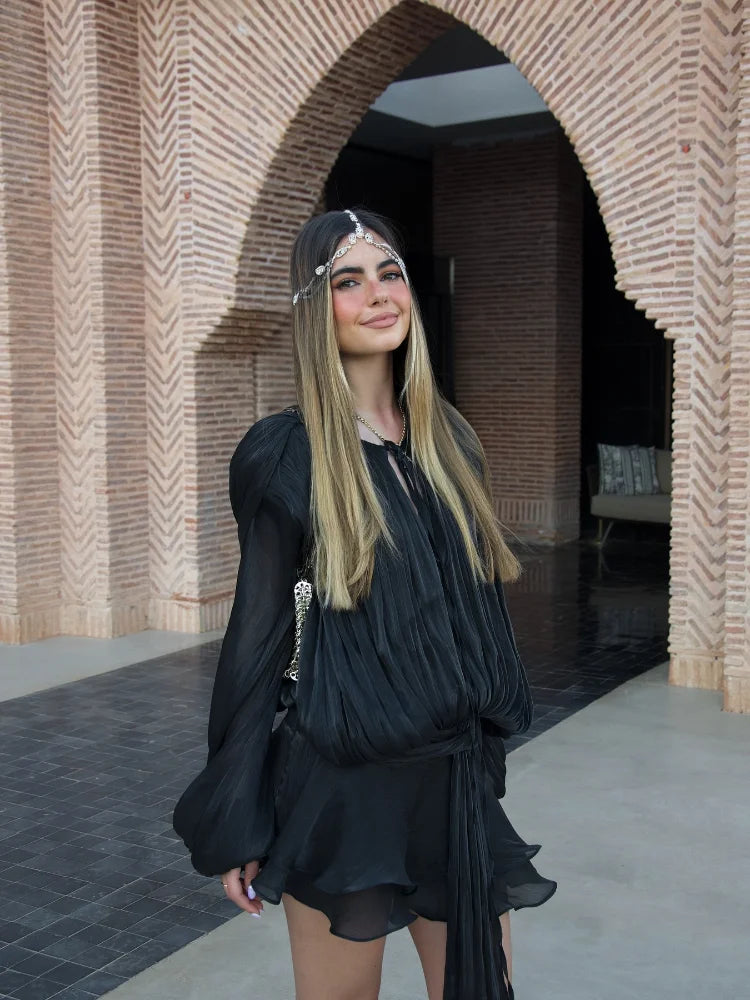 Summer Shiny Skinny Pleated Mini Dress.