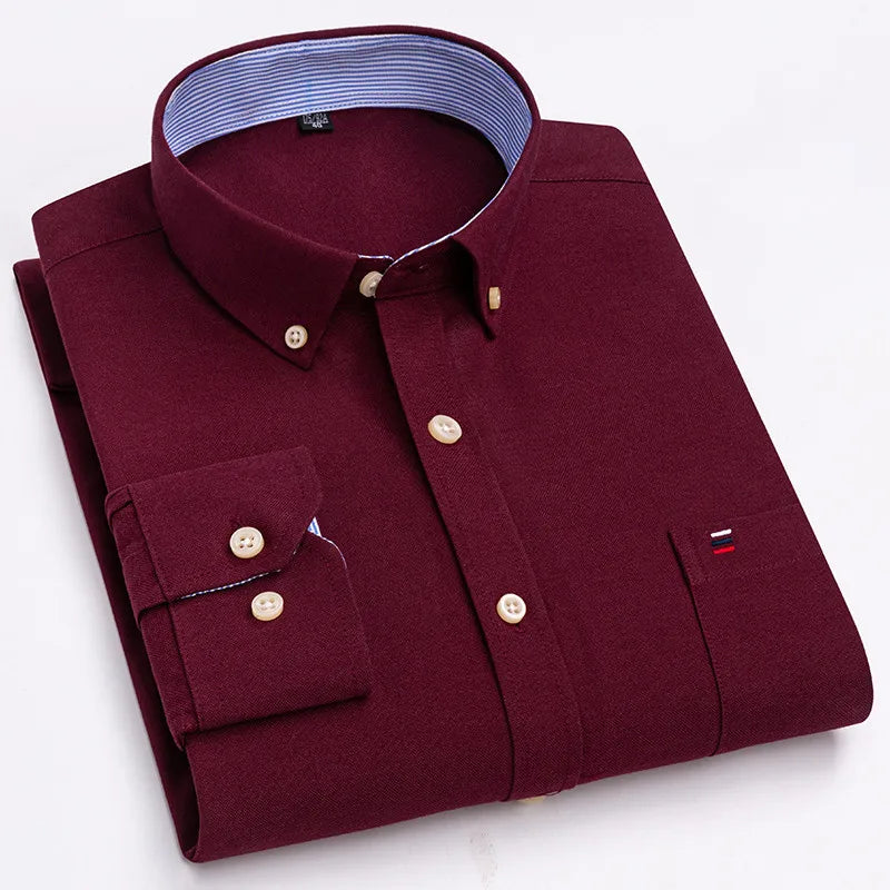 Long Sleeve Plaid Oxford Casual Solid Shirt