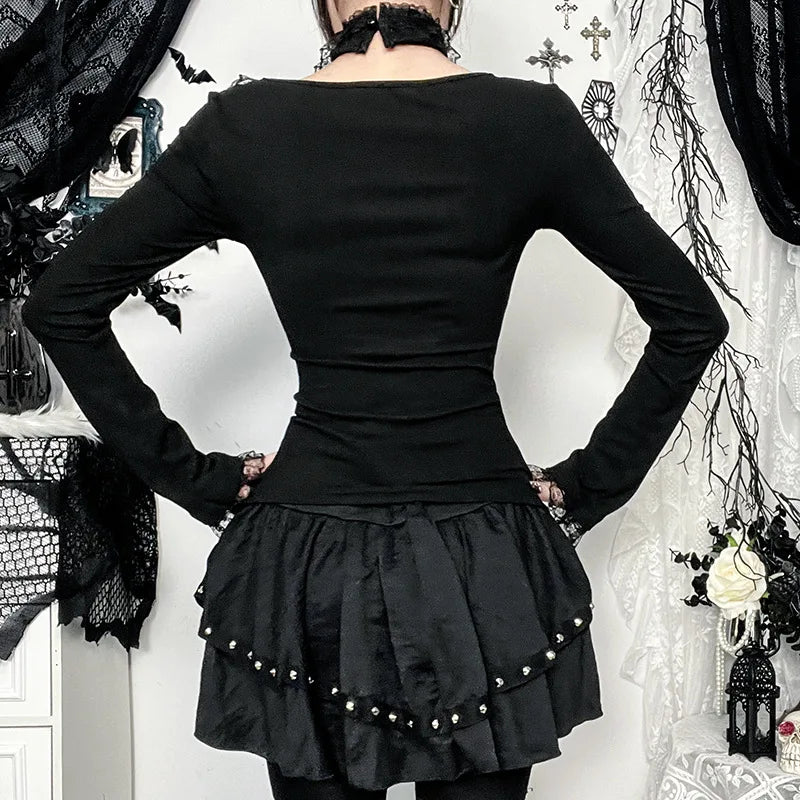 Goth Black Lace Trim Long Sleeve T-Shirts Vintage Sexy.
