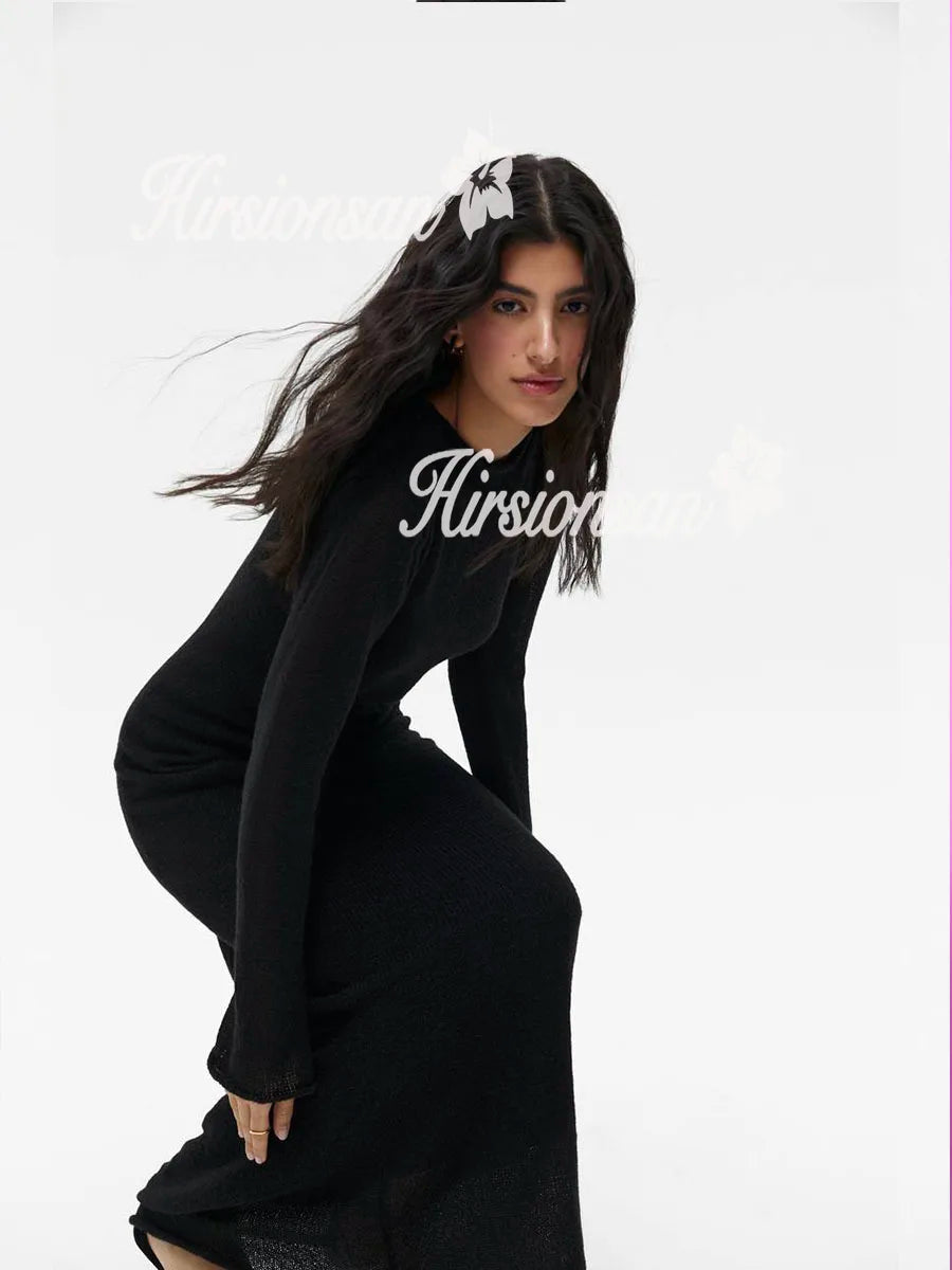 Hirsionsan Spring Autumn O-Neck Elastic Knit Long Dresses Women.