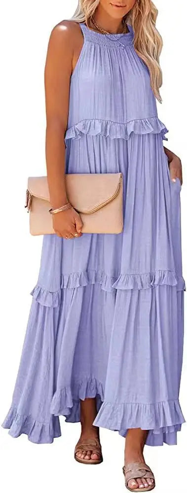 Women Casual Solid Ruffles Long Dress.