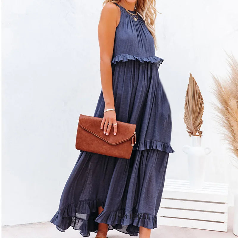 Women Casual Solid Ruffles Long Dress.
