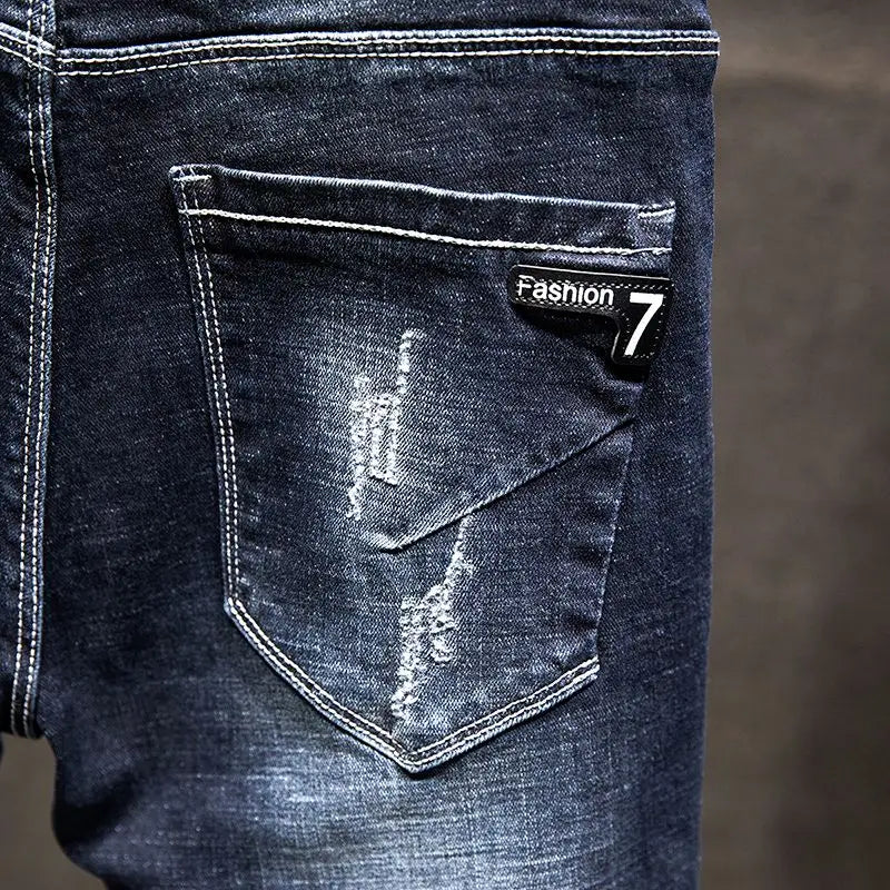 Men Ripped Worn-out Slim-fit Cotton Denim Pants
