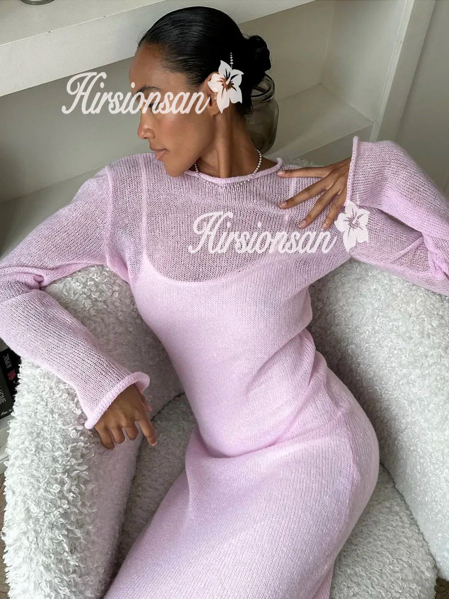 Hirsionsan Spring Autumn O-Neck Elastic Knit Long Dresses Women.