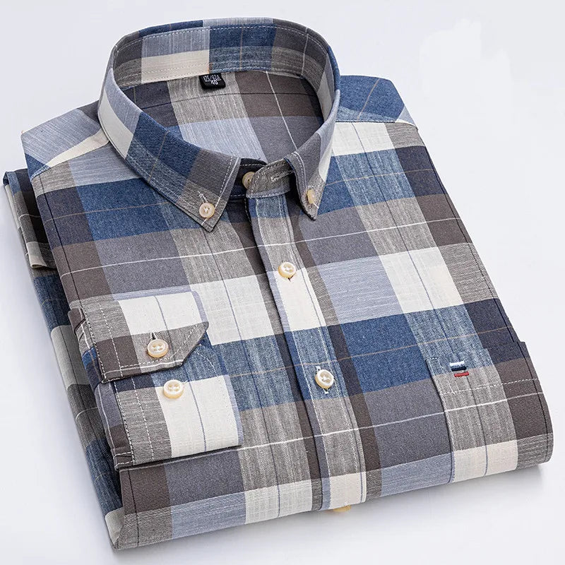 Long Sleeve Plaid Oxford Casual Solid Shirt