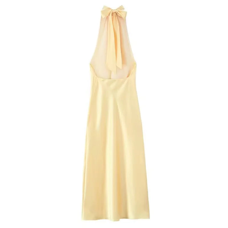 TRAF Halter Satin Long Dress Women.