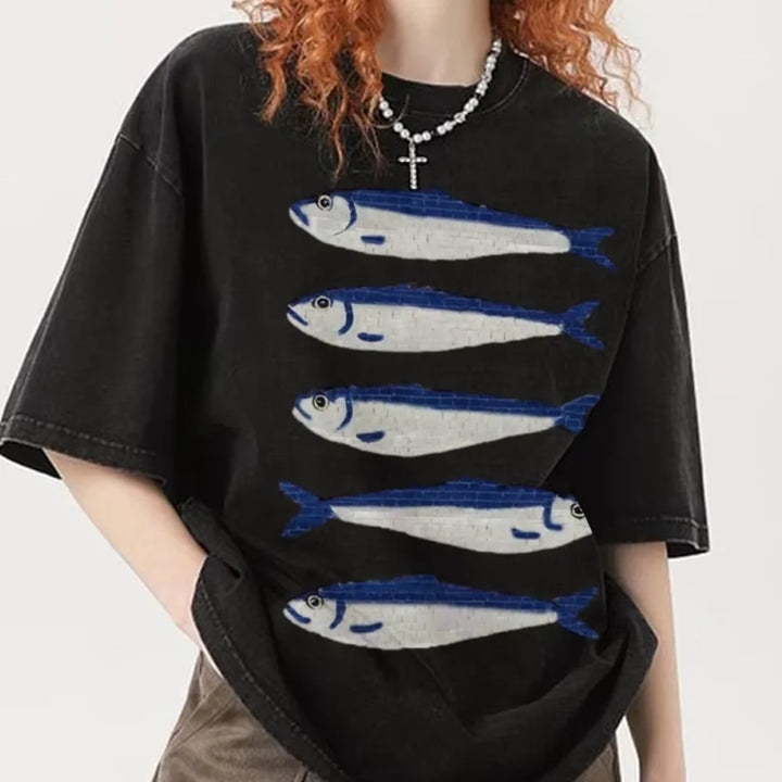 Gojo Cartoon Salted Fish Print Women's Loose T-Shirt Oversized.