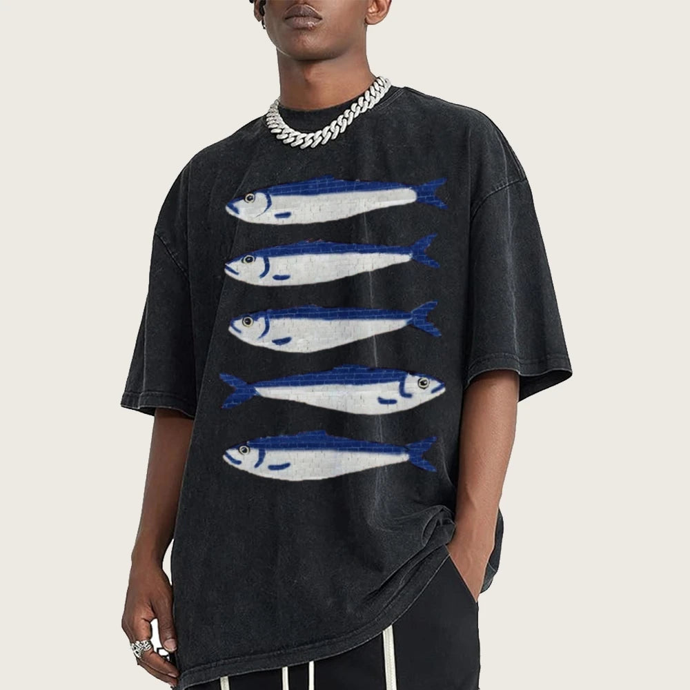 Gojo Cartoon Salted Fish Print Women's Loose T-Shirt Oversized.