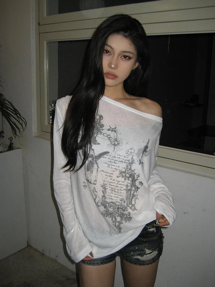 Yedinas Korean Fashion Graphic Tees Slightly Transparent T Shirt.