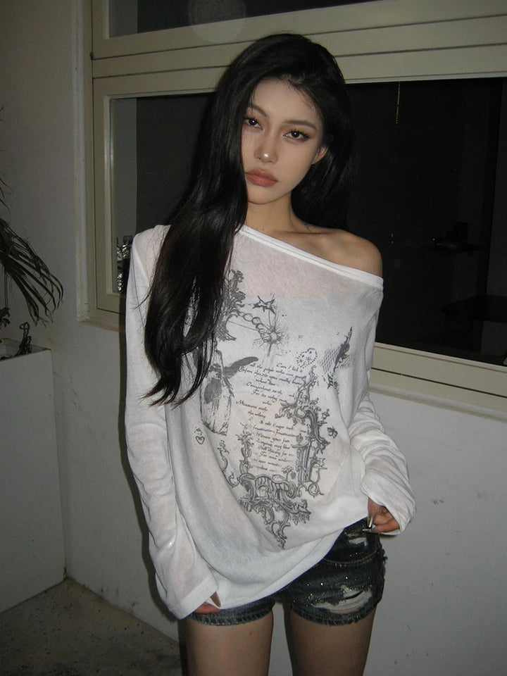 Yedinas Korean Fashion Graphic Tees Slightly Transparent T Shirt.