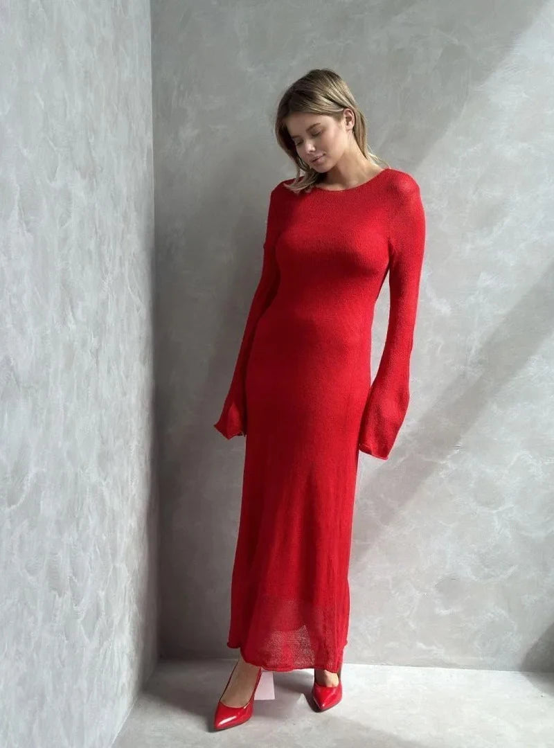 Hirsionsan Spring Autumn O-Neck Elastic Knit Long Dresses Women