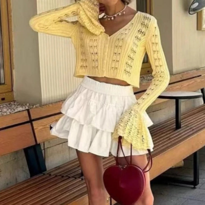 Spring Knitted Cardigan Female Solid V-Neck Hollow.