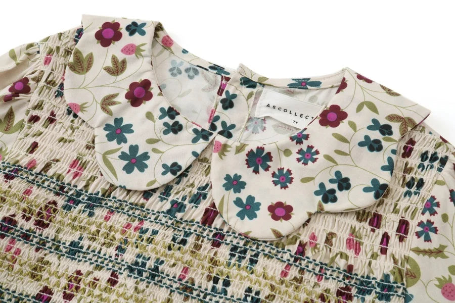 Summer Smocking dress Beige Floral & Cableknit collection for girls.