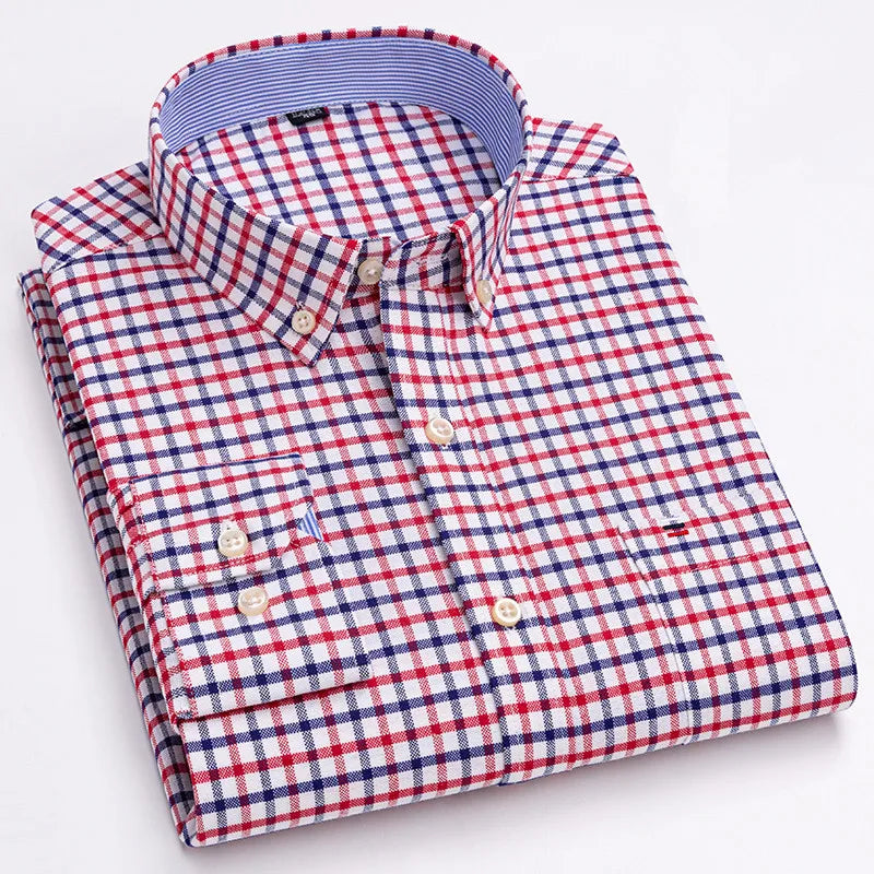 Long Sleeve Plaid Oxford Casual Solid Shirt