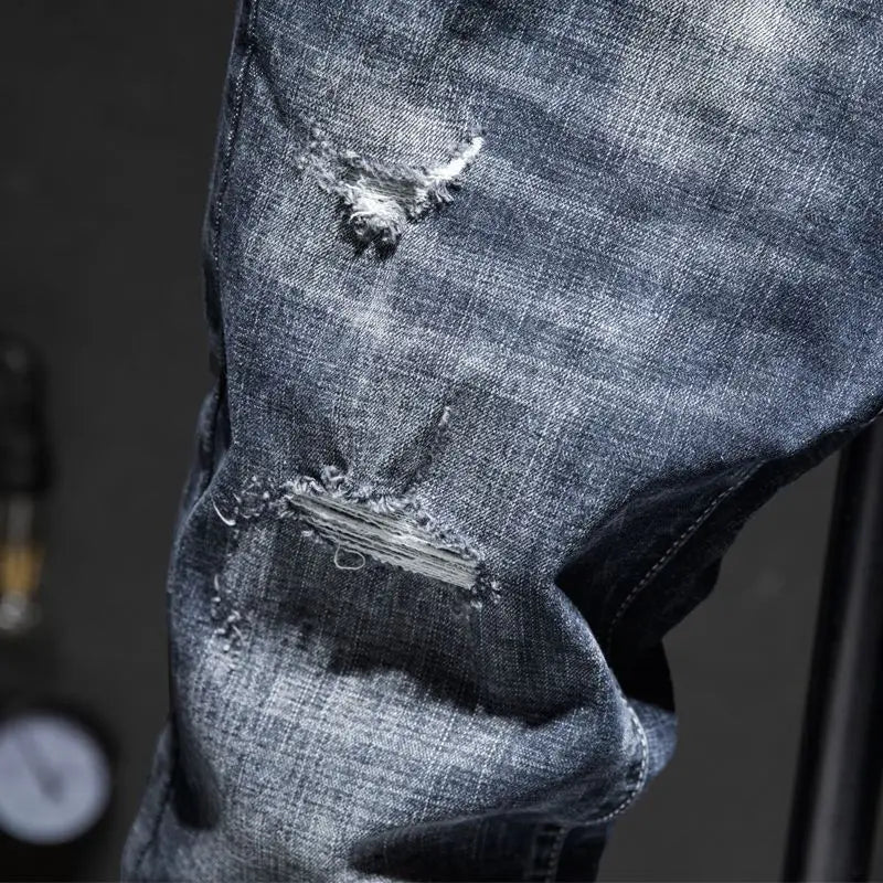 Men Ripped Worn-out Slim-fit Cotton Denim Pants
