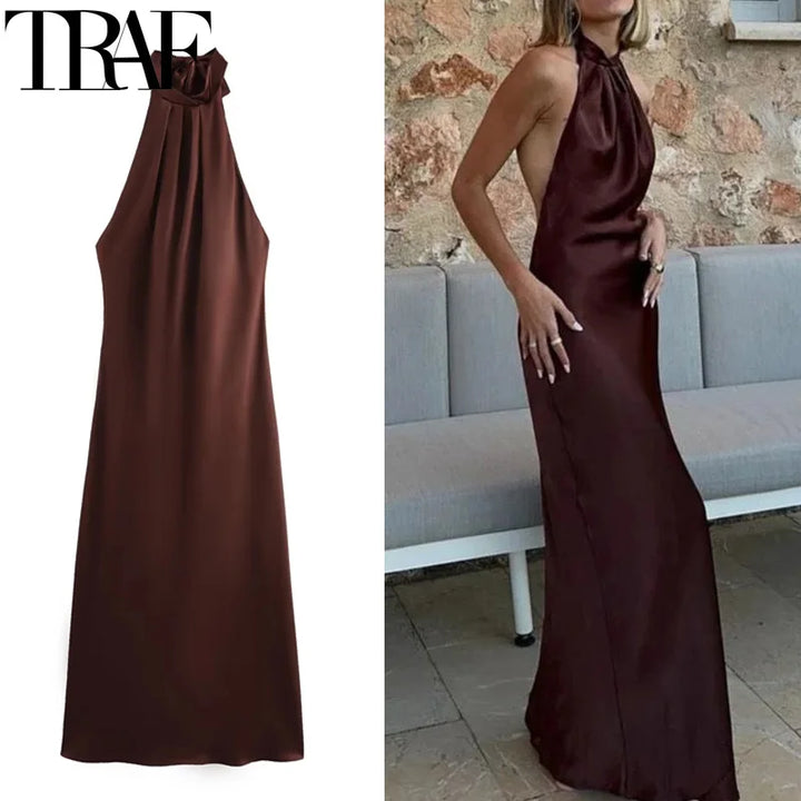 TRAF Halter Satin Long Dress Women.