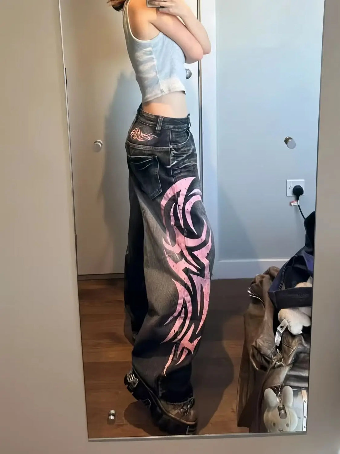 Mottled Totem Print Baggy Jeans Women's High Waist.