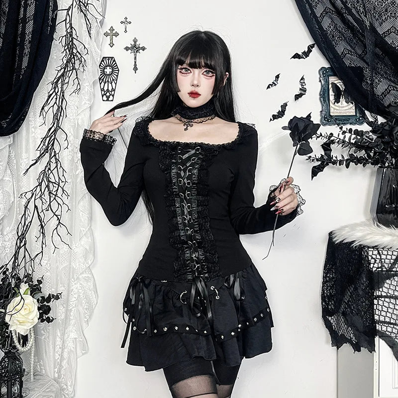 Goth Black Lace Trim Long Sleeve T-Shirts Vintage Sexy.