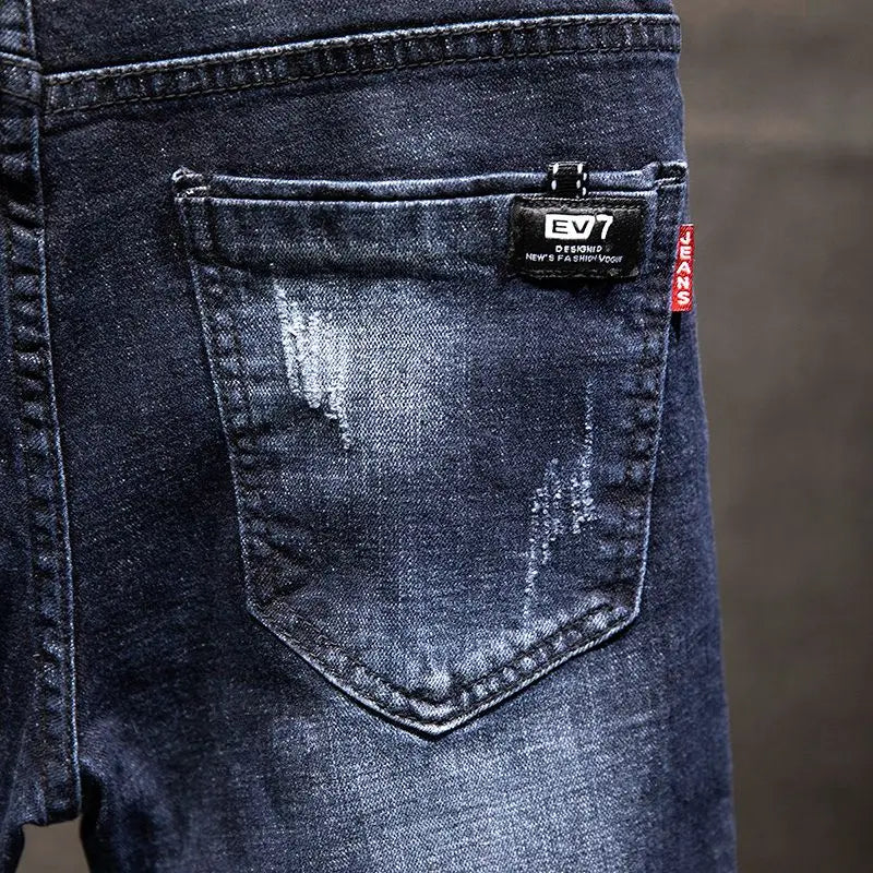 Men Ripped Worn-out Slim-fit Cotton Denim Pants