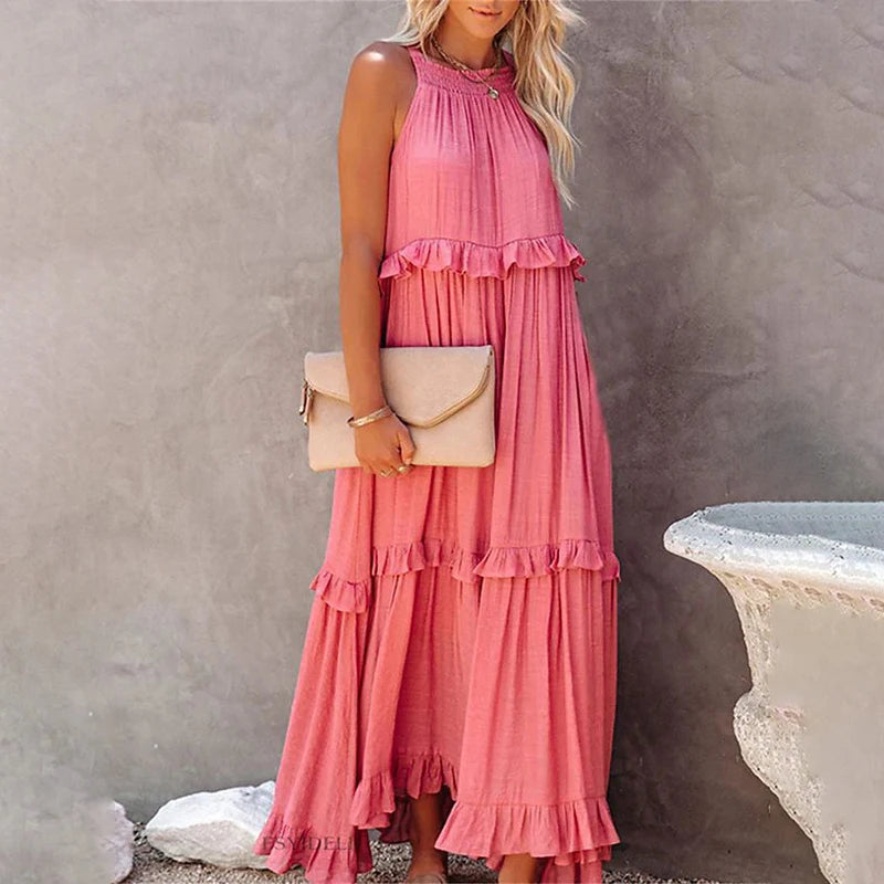 Women Casual Solid Ruffles Long Dress