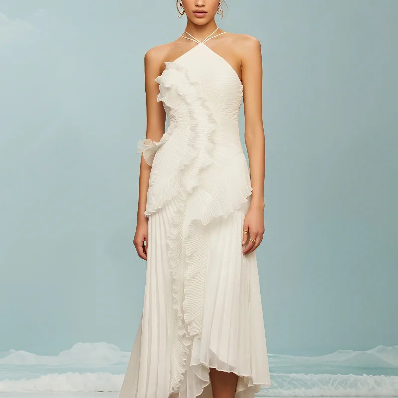 Chic pleated halter neck long vacation dress